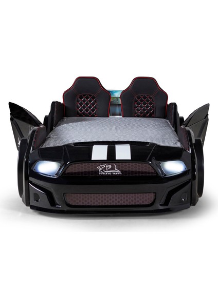Siyah Kapıları Açılan Mustang Full Ledli Kumandalı ve Müzikli + Ortopedik Yatak Bazalı Arabalı Yatak