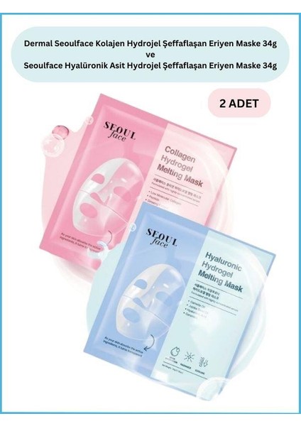 Seoulface Kolajen ve Hiyaluronik Asit Özlü Hydrojel Şeffaflaşan Eriyen Maske Seti 34 gr. 2 Adet fiyatları