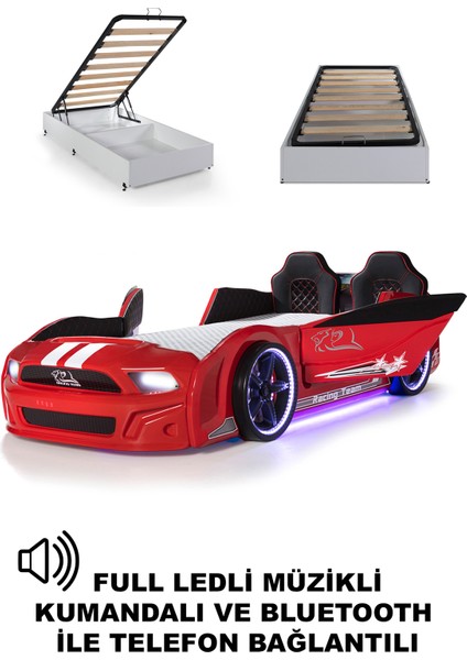 Kırmızı Kapıları Açılan Mustang Full Ledli Kumandalı ve Müzikli + Ortopedik Yatak Bazalı Arabalı Yatak