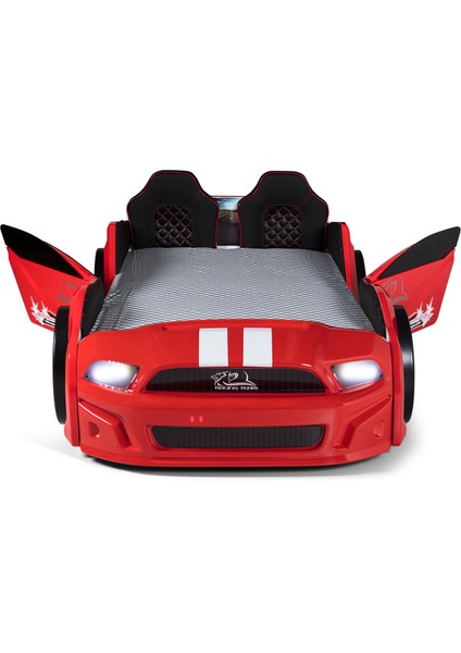 Kırmızı Kapıları Açılan Mustang Full Ledli Kumandalı ve Müzikli + Ortopedik Yatak Bazalı Arabalı Yatak