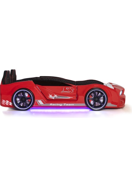 Kırmızı Kapıları Açılan Mustang Full Ledli Kumandalı ve Müzikli + Ortopedik Yatak Bazalı Arabalı Yatak