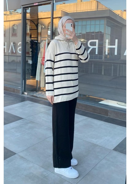 Çizgili Triko Takım Bej modelleri