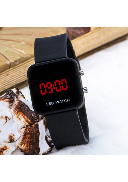 Mat Siyah Kare Dijital LED Ekran Siyah Silikon Kordonlu Unisex Kol Saat ST-303612