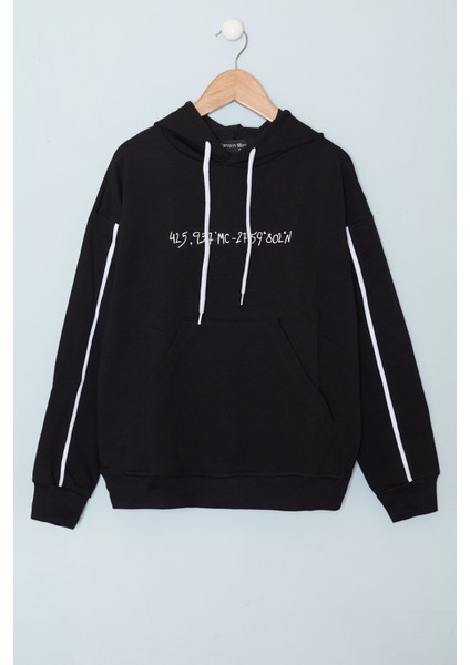 Siyah Baskılı Erkek Çocuk Şeritli Kapüşonlu Sweatshirt 19216