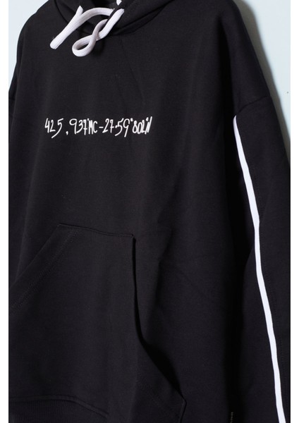 Siyah Baskılı Erkek Çocuk Şeritli Kapüşonlu Sweatshirt 19216