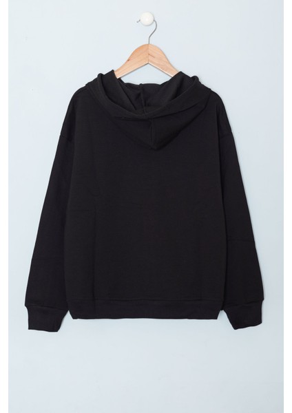 Siyah Baskılı Erkek Çocuk Şeritli Kapüşonlu Sweatshirt 19216
