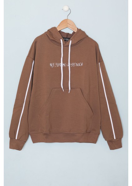 Kahverengi Baskılı Erkek Çocuk Şeritli Kapüşonlu Sweatshirt 19218