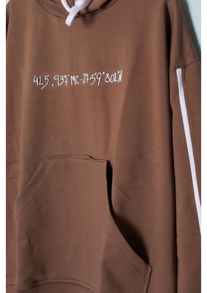 Kahverengi Baskılı Erkek Çocuk Şeritli Kapüşonlu Sweatshirt 19218