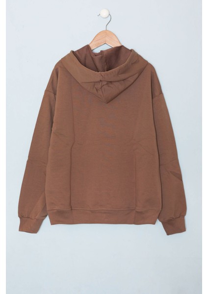 Kahverengi Baskılı Erkek Çocuk Şeritli Kapüşonlu Sweatshirt 19218