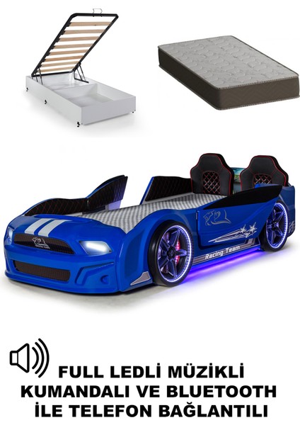 Mavi Bazalı Kapıları Açılan Mustang Full Ledli Kumandalı ve Müzikli + Ortopedik Yatak