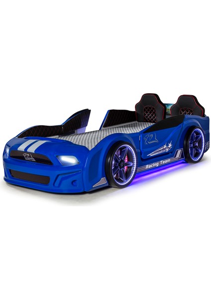 Mavi Bazalı Kapıları Açılan Mustang Full Ledli Kumandalı ve Müzikli + Ortopedik Yatak
