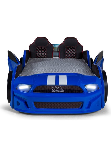 Mavi Bazalı Kapıları Açılan Mustang Full Ledli Kumandalı ve Müzikli + Ortopedik Yatak