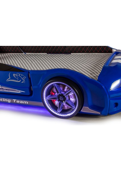 Mavi Bazalı Kapıları Açılan Mustang Full Ledli Kumandalı ve Müzikli + Ortopedik Yatak