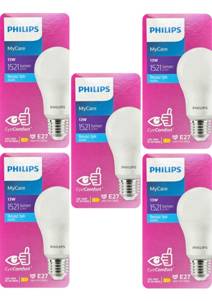 13W (100W) 6500K (Beyaz Işık) E27 Duylu LED Ampul (5 Adet)