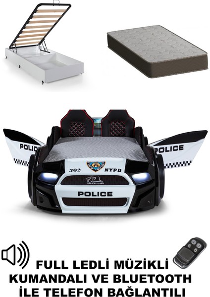 Polis Bazalı Arabalı Yatak Kapıları Açılan Mustang Full Ledli Kumandalı ve Müzikli + Ortopedik Yatak