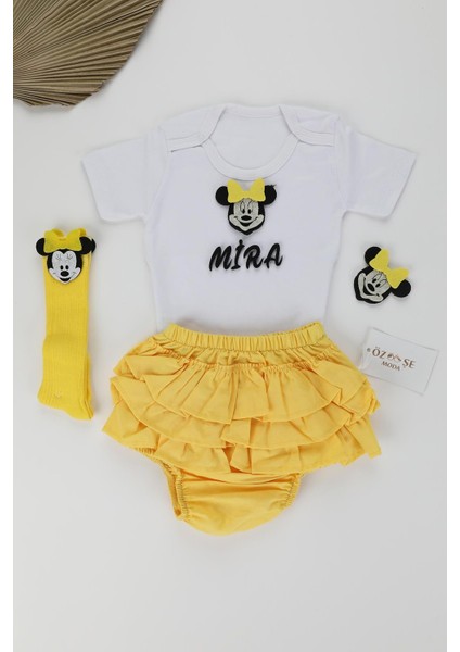 Kişiye Özel Mickey Figürlü Sarı Fırfır Şort Kısa Kol Zıbın Takım