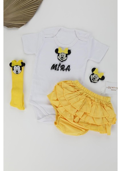 Kişiye Özel Mickey Figürlü Sarı Fırfır Şort Kısa Kol Zıbın Takım