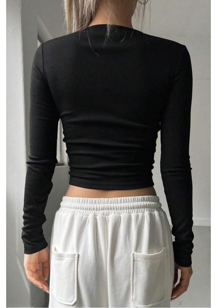 Kadın Uzun Kollu Fitilli Basic Crop Bluz Siyah fiyatları