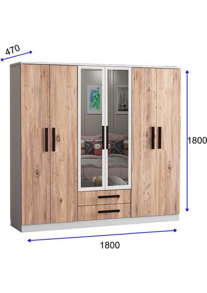 Perran 6 Kapaklı 2 Çekmeceli Aynalı Gardırop - Atlantik Çam / Beyaz