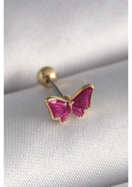 316L Çelik Gümüş Renk Pembe Kelebek Model Tragus Piercing - TJ-PR1286