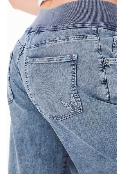 Mavi Beli Lastikli Yazlık Yüksek Bel Kadın Culotte Jean Pantolon fırsatları