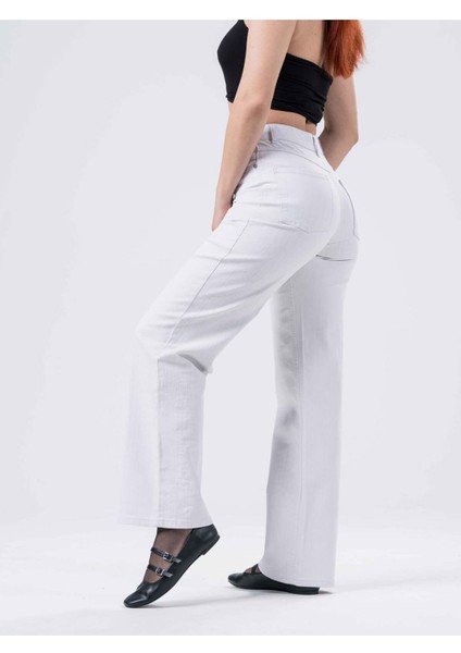 Beyaz Regular Fit Kaplamalı Yüksek Bel Kadın Jeans Pantolon, Klasik Kot Pantolon indirimleri