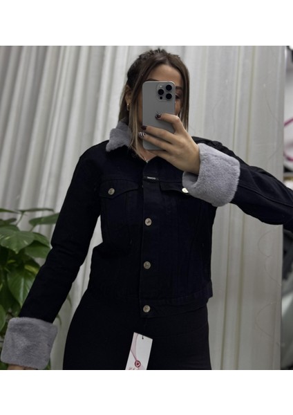 Kolları Gri Peluşlu Kısa Kot Ceket-Siyah modelleri