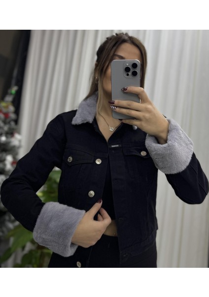 Kolları Gri Peluşlu Kısa Kot Ceket-Siyah fırsatları