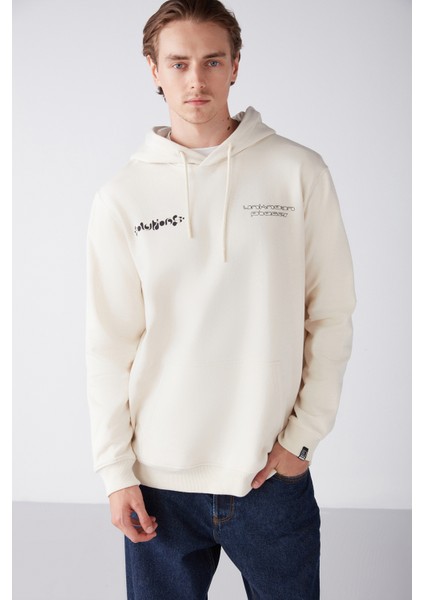 Solar Erkek Içi Polarlı Metaverse Baskılı Kapüşonlu Kordonlu Vanilya Sweatshirt
