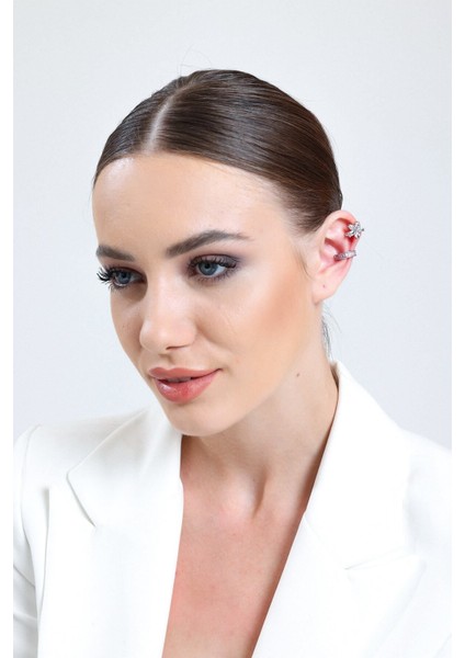 Kadın Silver 2'li Lotus & Pembe Baget Su Yolu Earcuff Seti