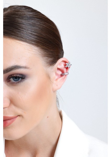 Kadın Silver 2'li Lotus & Pembe Baget Su Yolu Earcuff Seti