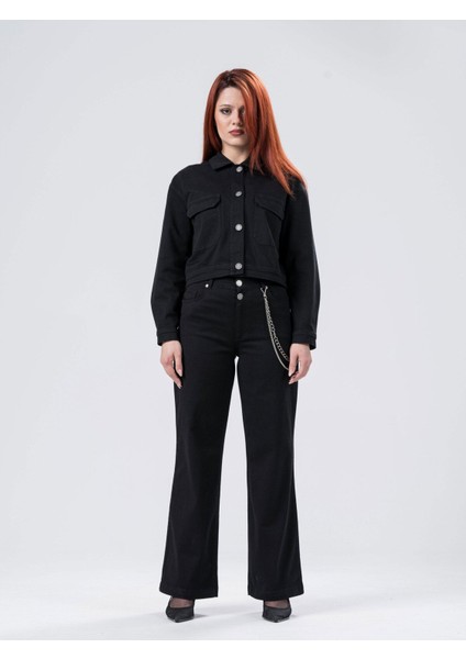 Siyah Çift Cepli Gabardin Kadın Trucker Ceket fiyatları