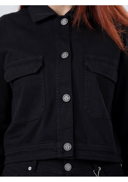 Siyah Çift Cepli Gabardin Kadın Trucker Ceket modelleri