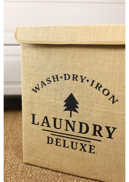Laundry Baskılı Kapaklı Jüt Çamaşır Kirli Kıyafet Kutusu Büyük Boy 30 x 40 x 50