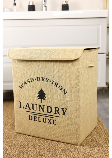 Laundry Baskılı Kapaklı Jüt Çamaşır Kirli Kıyafet Kutusu Büyük Boy 30 x 40 x 50 fiyatları