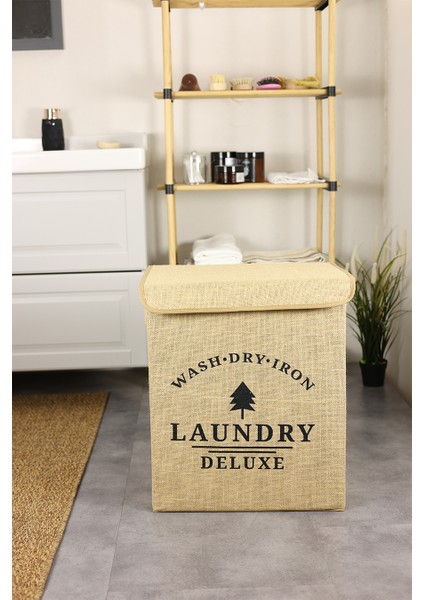 Laundry Baskılı Kapaklı Jüt Çamaşır Kirli Kıyafet Kutusu Büyük Boy 30 x 40 x 50 fırsatları