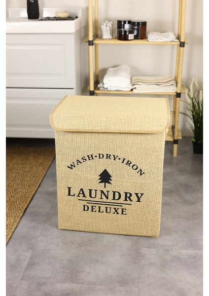 Laundry Baskılı Kapaklı Jüt Çamaşır Kirli Kıyafet Kutusu Büyük Boy 30 x 40 x 50 indirimleri