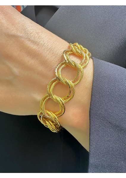 Kalın Iki Kollu Kalemli Özel Üretim 14 Ayar Altın Samanyolu Bileklik