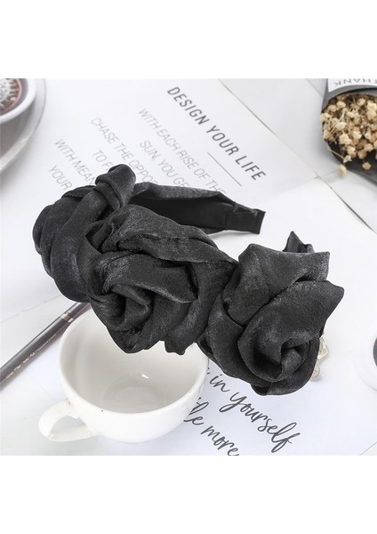Siyah Stil Kadın Moda Gül Çiçeği Desenli Saç Bandı Retro Saten Kafa Bandı Büyük Çiçek Saç Aksesuarları (Yurt Dışından)