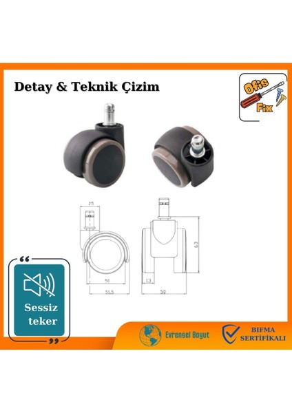 50mm Gri Ofis Koltuğu Tekeri | Sessiz Sandalye Tekeri | Çift Renk Koltuk Tekeri