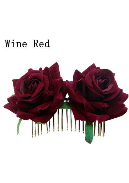 Şarap Kırmızısı Tarzı Bayanlar Şık Festival El Yapımı Gelin Çiçek Saç Tarak Düğün Aksesuarları Kırmızı Gül Tokası Damatlık Saç Takıları (Yurt Dışından)