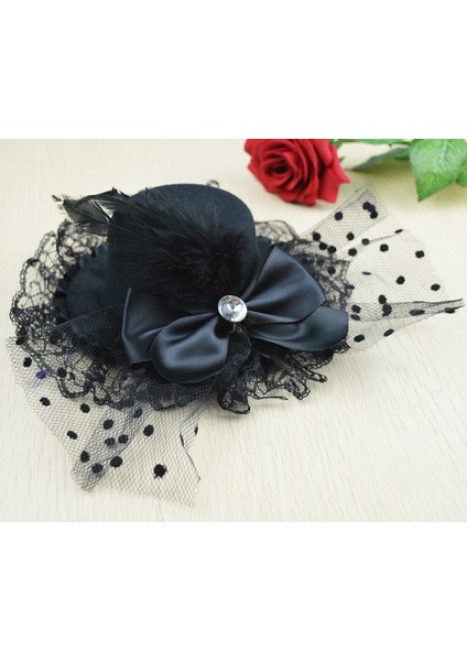 Siyah Stil Kadın Yay Parti Kostümü Kürk Şapka Kız Dantel Mini Şapka Dekorasyon Çiçek Iplik Toka Fascinator Bayan Saç Klipsi Tüy Şık (Yurt Dışından)