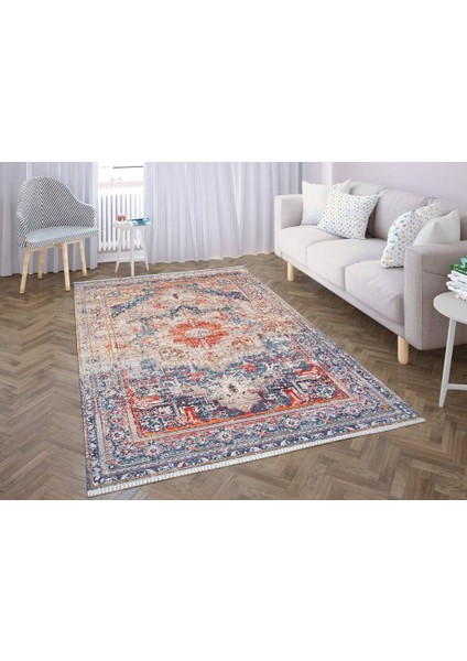 7/24 Retro Tarzı 80 x 150 Toz Barındırmaz Viskon Halı 7802-LACİVERT fiyatları