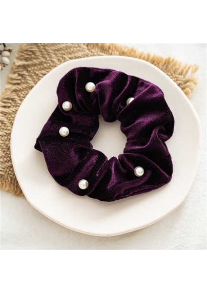Koyu Mor Tarzı Zarif Kadife Tokalar Elastik Saç Bantları Inci Toka Moda Saç Bandı Kadın Kız Kuyruk Tutucu Saç Aksesuarları (Yurt Dışından)