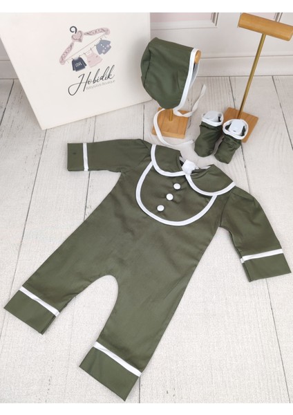 Erkek Bebek Koyu Yeşil Yaka Detaylı Penye Tulum Set