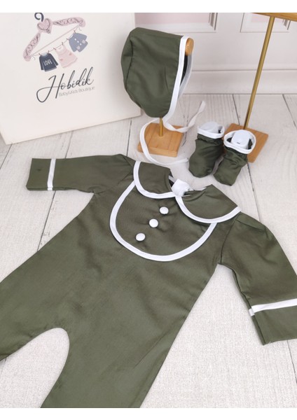 Erkek Bebek Koyu Yeşil Yaka Detaylı Penye Tulum Set