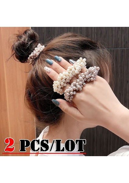 Kremalı Beyaz-2 Adet Moda Saç Aksesuarları Düz Renk Saç Halkası Inci Boncuklu Lastik Toka Kadınlar At Kuyruğu Tutucu Elastik Saç Bantları (Yurt Dışından) modelleri