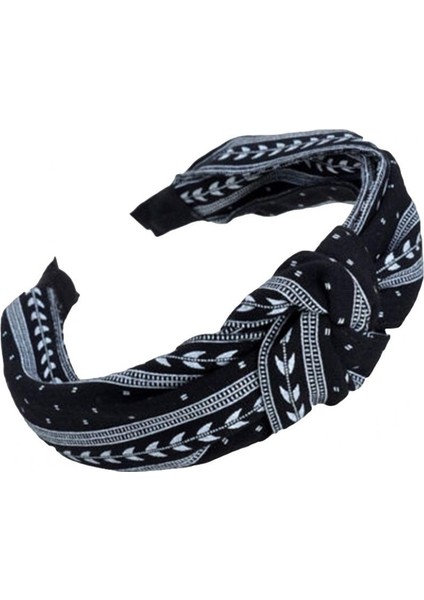 Siyah Stil Kadın Moda Yapraklar Geniş Bant Döner Saç Bandı Yay Düğüm Çapraz Başbandı Türban Bağlama Saç Aksesuarları (Yurt Dışından)