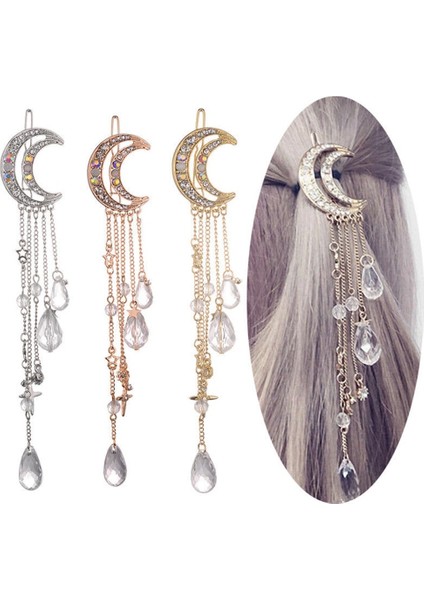 Gül Altın Tarzı Moda Şık Kadın Bayan Ay Taşlı Kristal Püskül Uzun Zincir Boncuklu Sarkan Toka Saç Tokası Saç Takıları (Yurt Dışından)