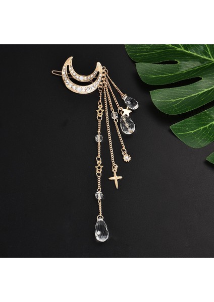 Gül Altın Tarzı Moda Şık Kadın Bayan Ay Taşlı Kristal Püskül Uzun Zincir Boncuklu Sarkan Toka Saç Tokası Saç Takıları (Yurt Dışından) fırsatları